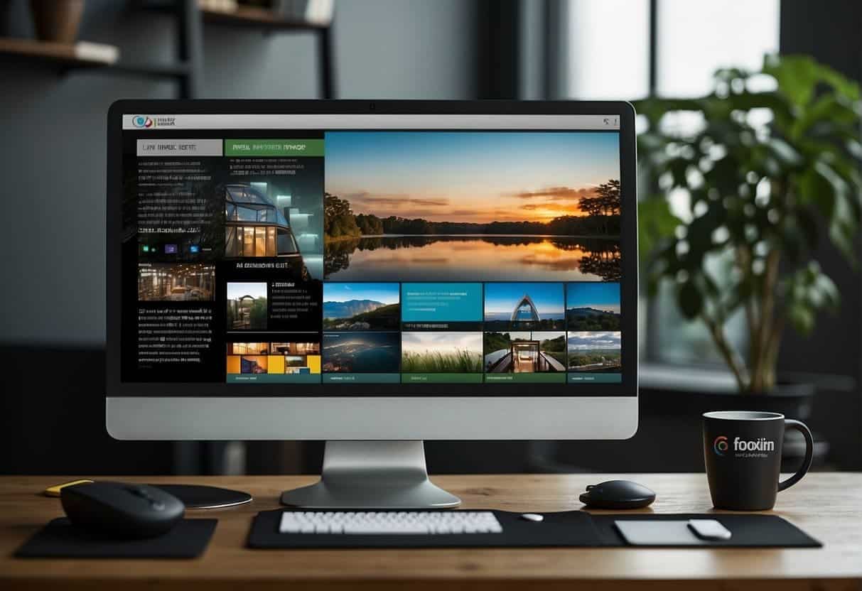 A computer screen displaying a website with a unique logo and color scheme, alongside printed branding guidelines and a design mood board