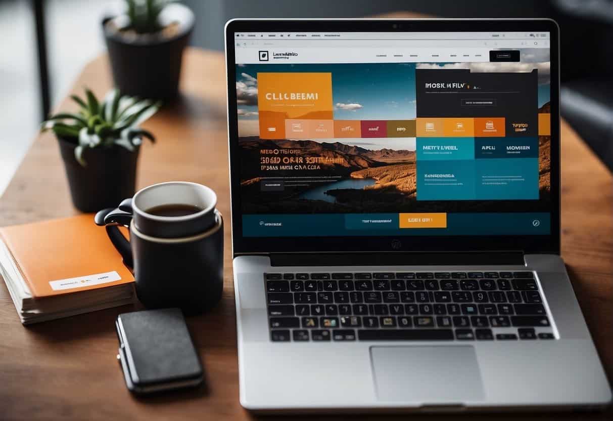 A laptop displaying a sleek, modern website design with bold brand colors and clear typography, surrounded by branding materials like business cards and packaging