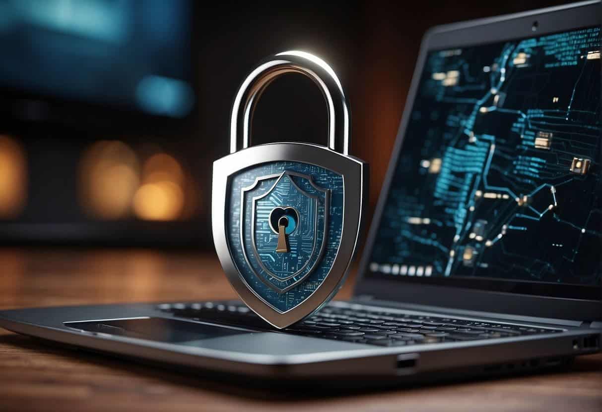 A shield with a lock symbol defends a computer from incoming cyber attacks, emphasizing the growing importance of security for SEO