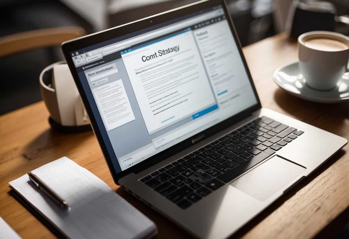 A computer screen displaying a website's content strategy with keywords and headings for search engine optimization. A notebook and pen sit nearby for note-taking and brainstorming