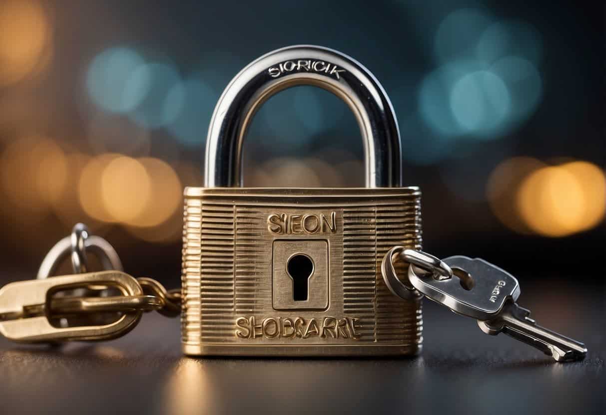 Keywords and locks intertwine, symbolizing the fusion of SEO and security. A padlock encases the word "SEO" while a key unlocks the potential for enhanced protection