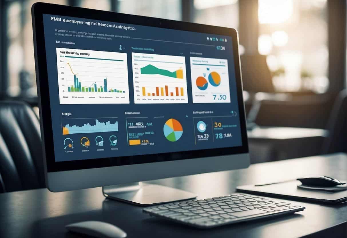 A computer screen displaying email marketing analytics integrated into a web design, with graphs and charts showing testing results