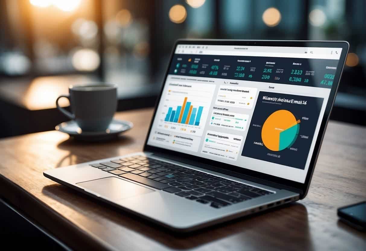 A laptop displaying an email marketing dashboard integrated into a sleek and modern web design. Graphs and charts show campaign effectiveness