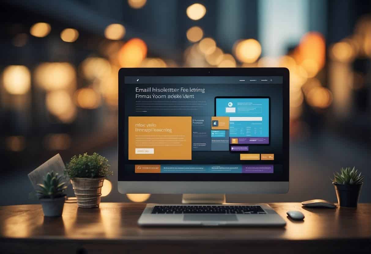 A computer screen displaying a website with integrated email marketing features. Various email marketing tactics and strategies are visually represented on the screen