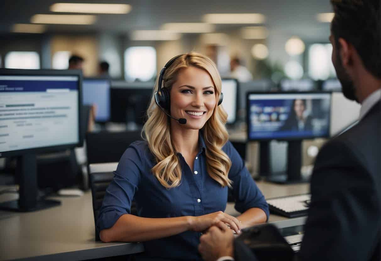 A customer service representative smiling while assisting a satisfied customer, surrounded by positive feedback and retention strategies
