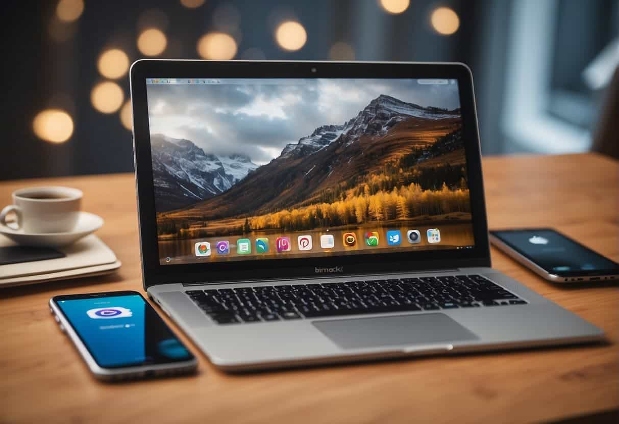 A laptop, tablet, and smartphone arranged in a triangle on a desk with social media icons floating above them