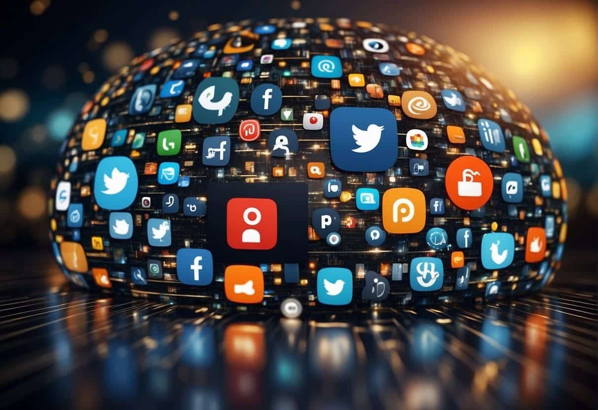 Various social media icons and logos seamlessly integrated into a digital landscape, representing the technical aspects of social integration