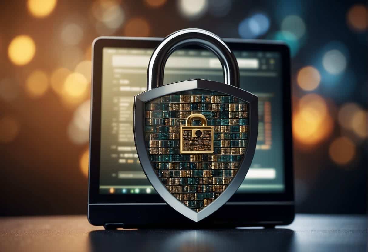 A computer screen displaying a website with a padlock icon and a shield symbol, surrounded by keywords related to security and SEO