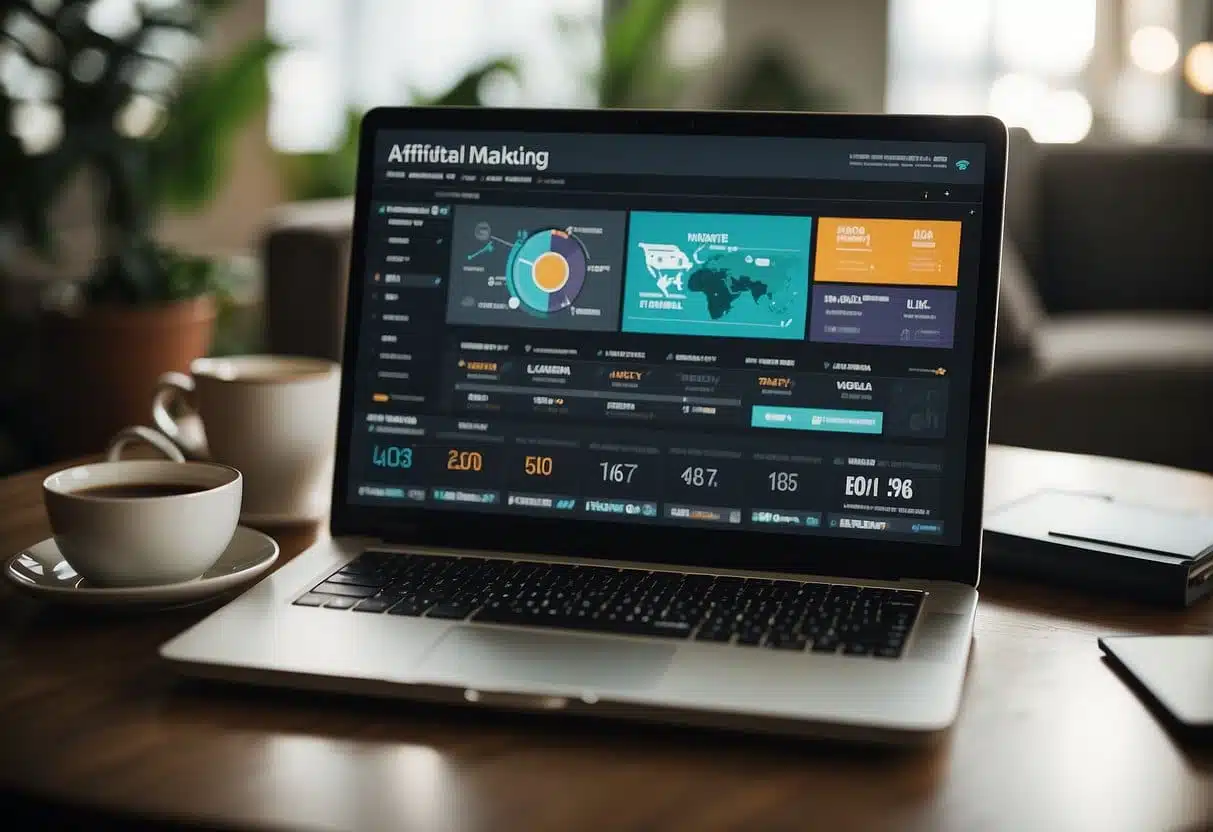 A laptop displaying various affiliate marketing strategies with web design elements in the background