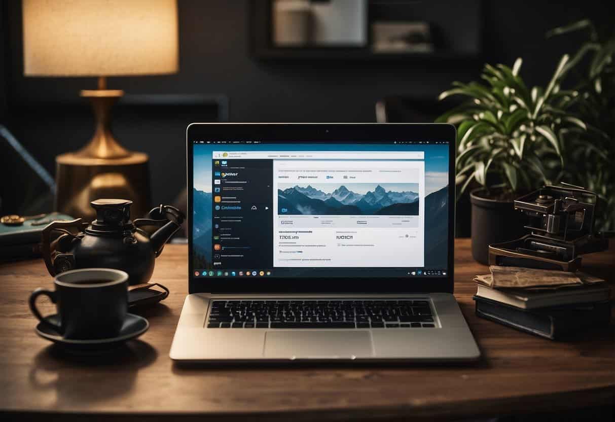 A laptop with web design software open, surrounded by affiliate marketing tools and platforms logos