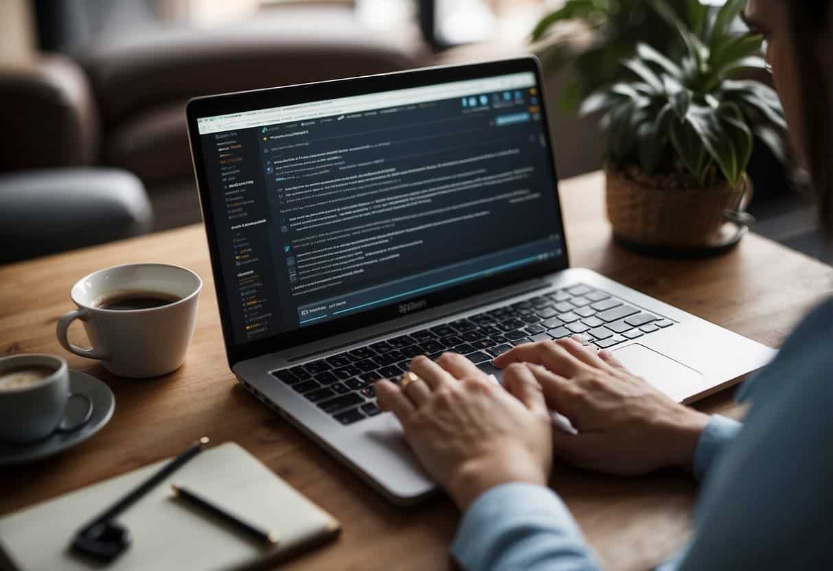 A laptop displaying a website with affiliate marketing content. A person taking notes and studying marketing strategies