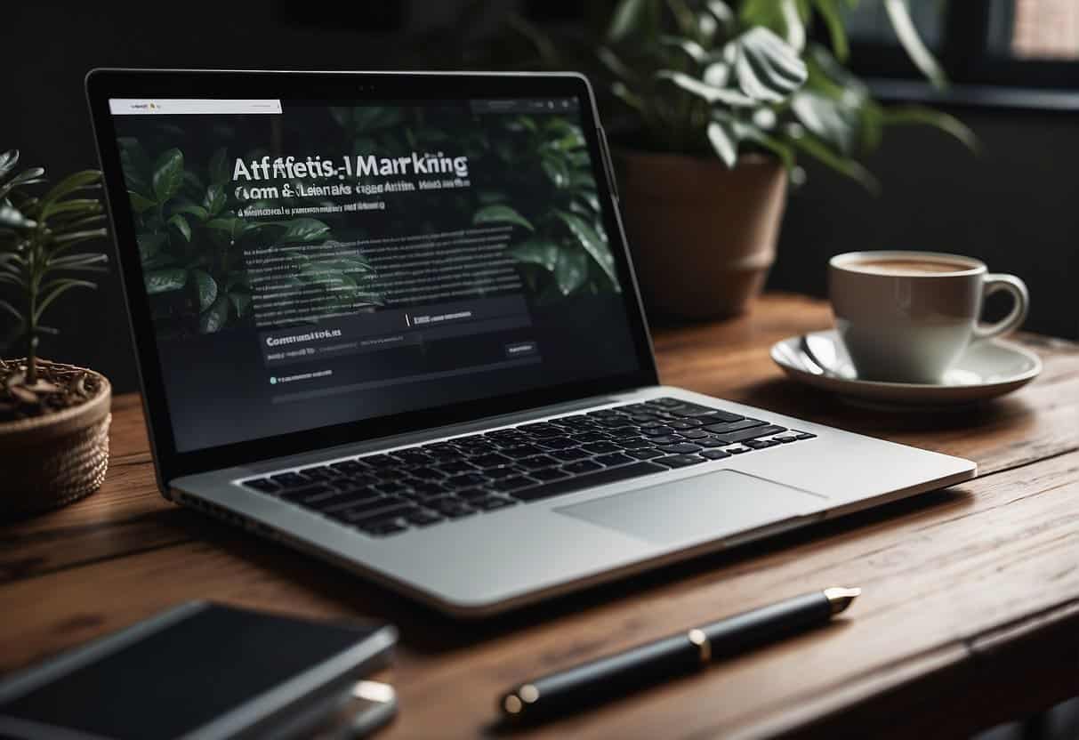 A laptop displaying a website with affiliate marketing content. A web design book and pen sit nearby