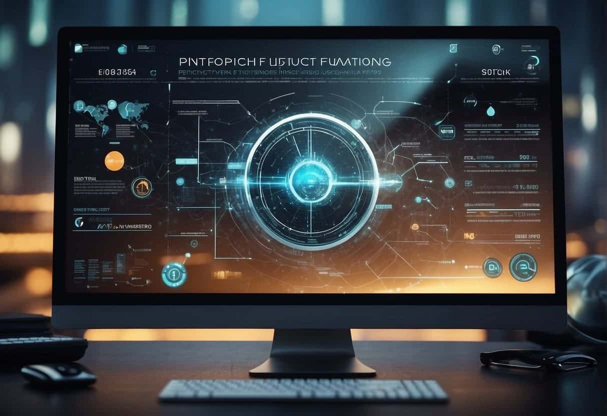 A computer screen displaying a futuristic web design with affiliate marketing elements. Trendy graphics and predictions surrounding the design