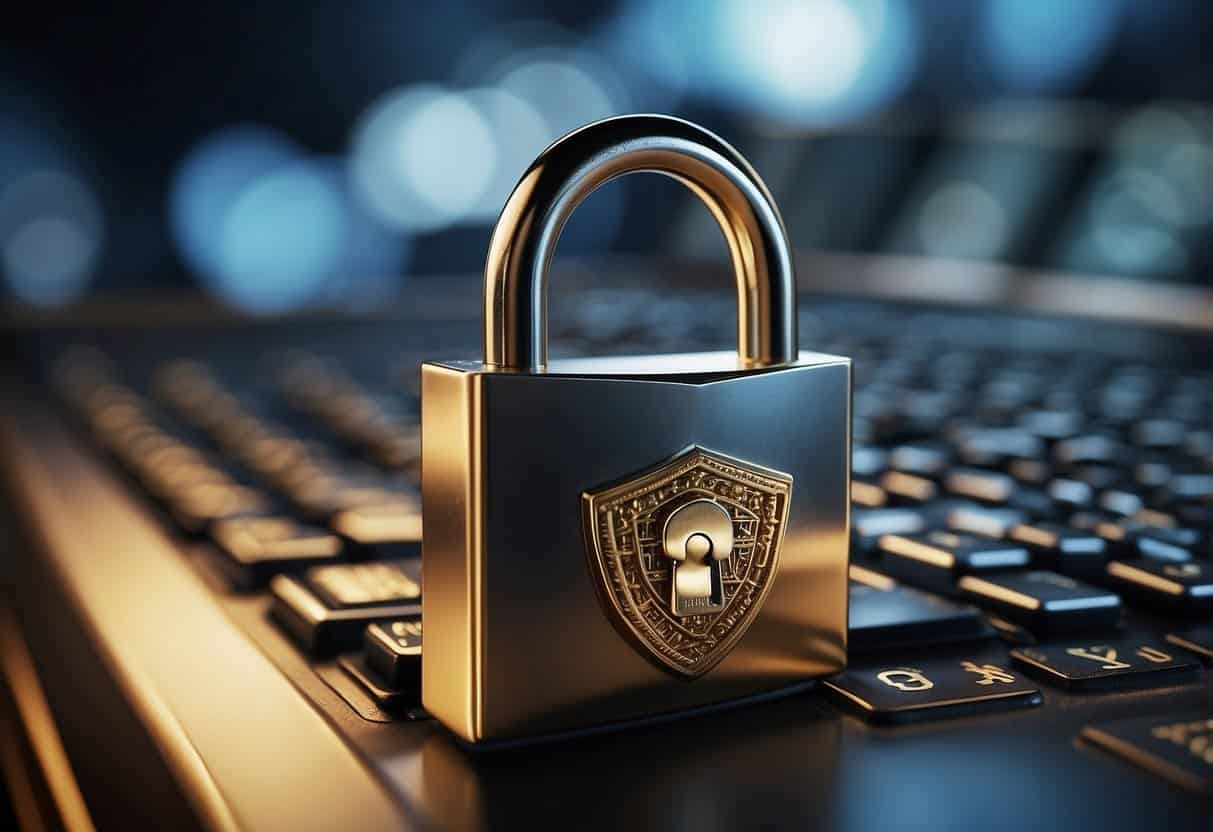 A padlock icon hovers over a computer server, surrounded by a shield and lock symbols, representing the growing importance of back-end security for SEO