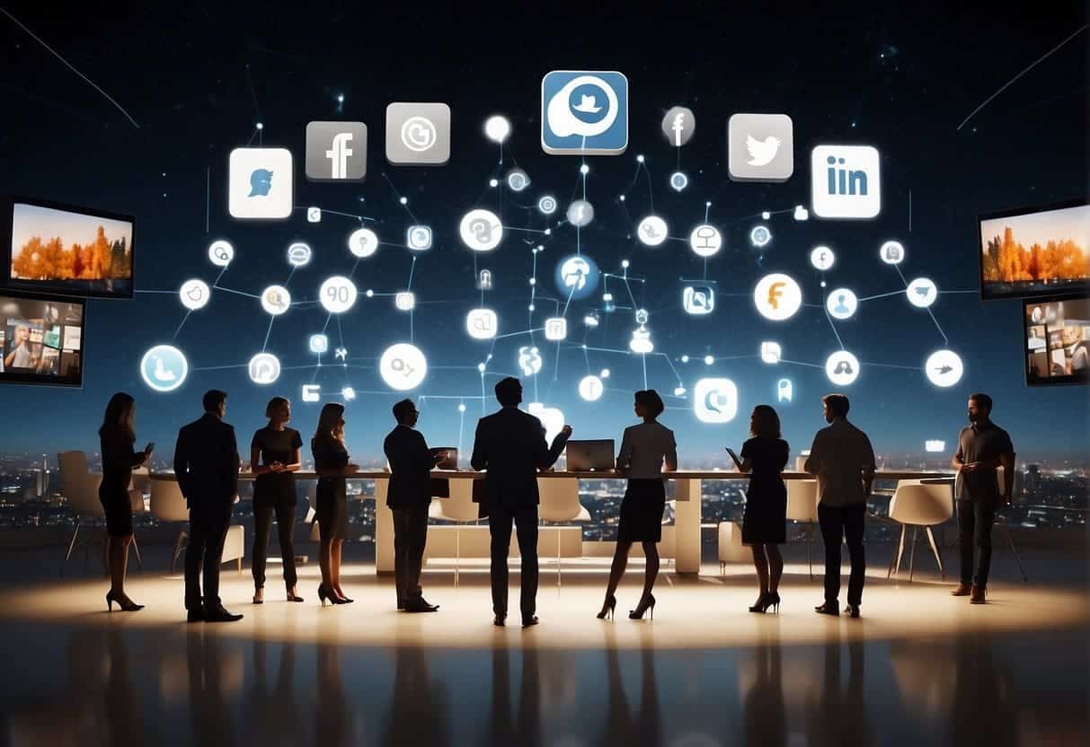 A group of influencers stand on various platforms, representing different social media channels. They are surrounded by web icons and symbols, showcasing their role in web marketing