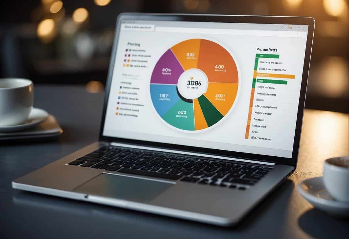 A laptop displaying a pricing page with clear, concise information. A graph showing customer conversion rates and a checklist of effective design elements