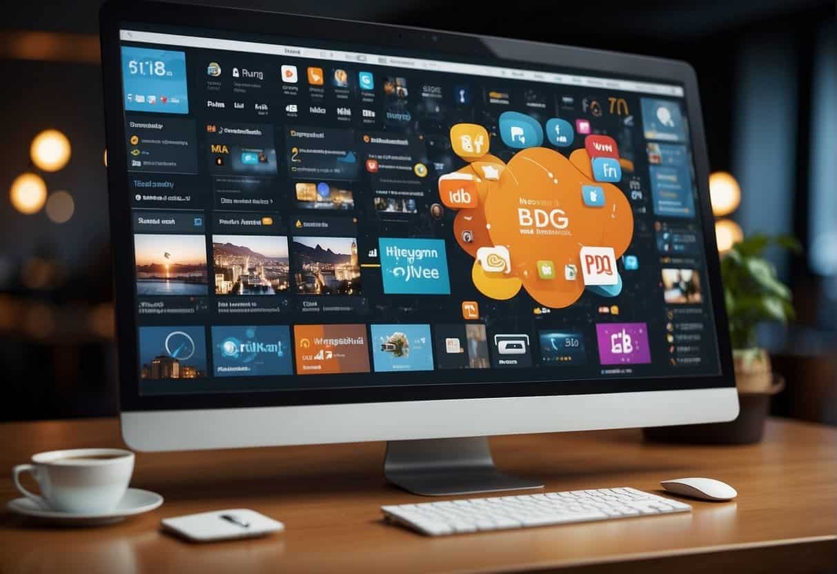 A computer screen displaying a blog with interactive features, surrounded by social media icons and engagement metrics