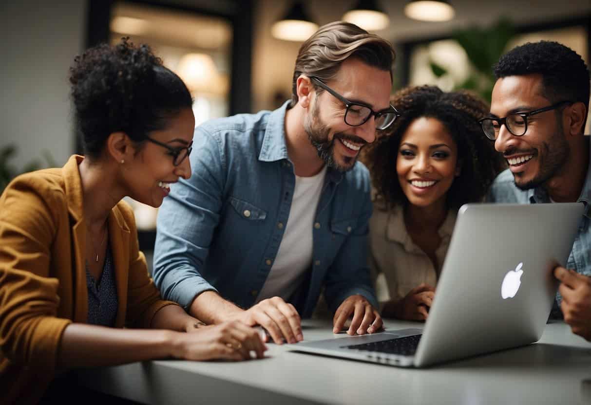 A diverse group of people gather around a computer screen, sharing ideas and collaborating on a blog design with user engagement in mind