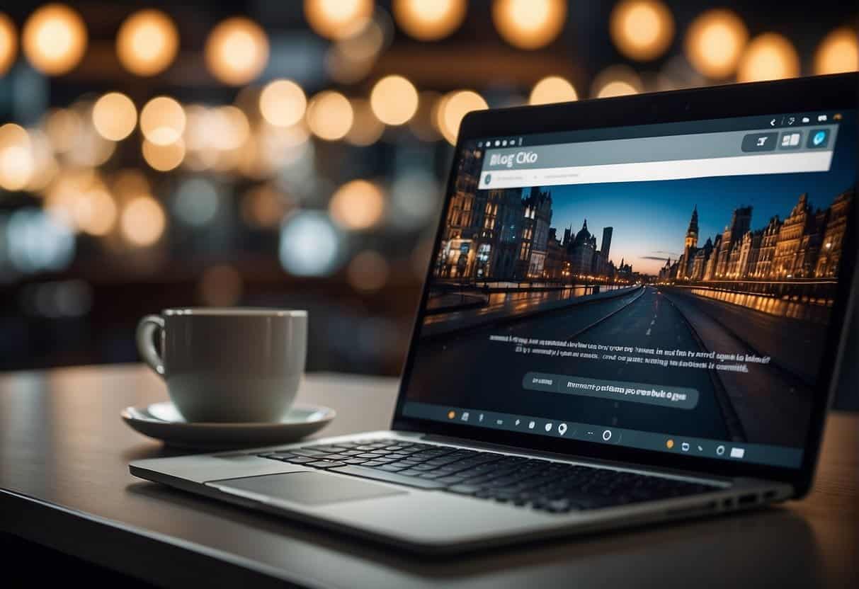 A laptop displaying a blog with interactive features. A user clicks on a post, leaving comments and sharing the content on social media