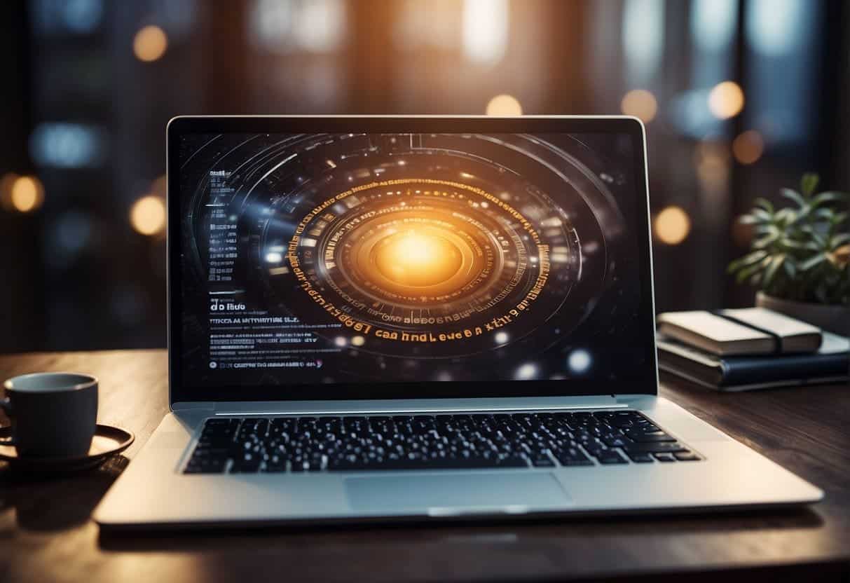 A laptop open on a stylish desk with a blog post displayed on the screen, surrounded by creative design elements and engaging user interaction icons