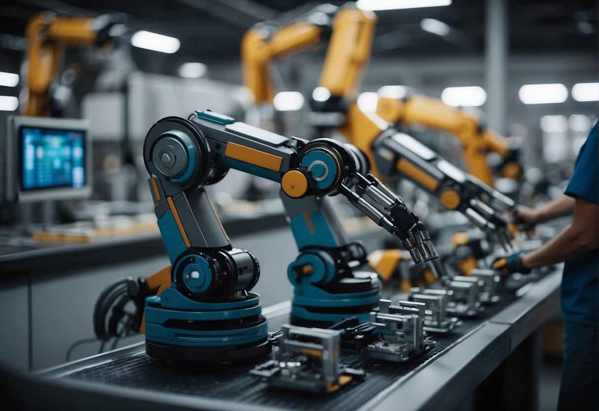 Robotic arms assembling products in a futuristic factory, while AI algorithms optimize supply chains and predict market trends