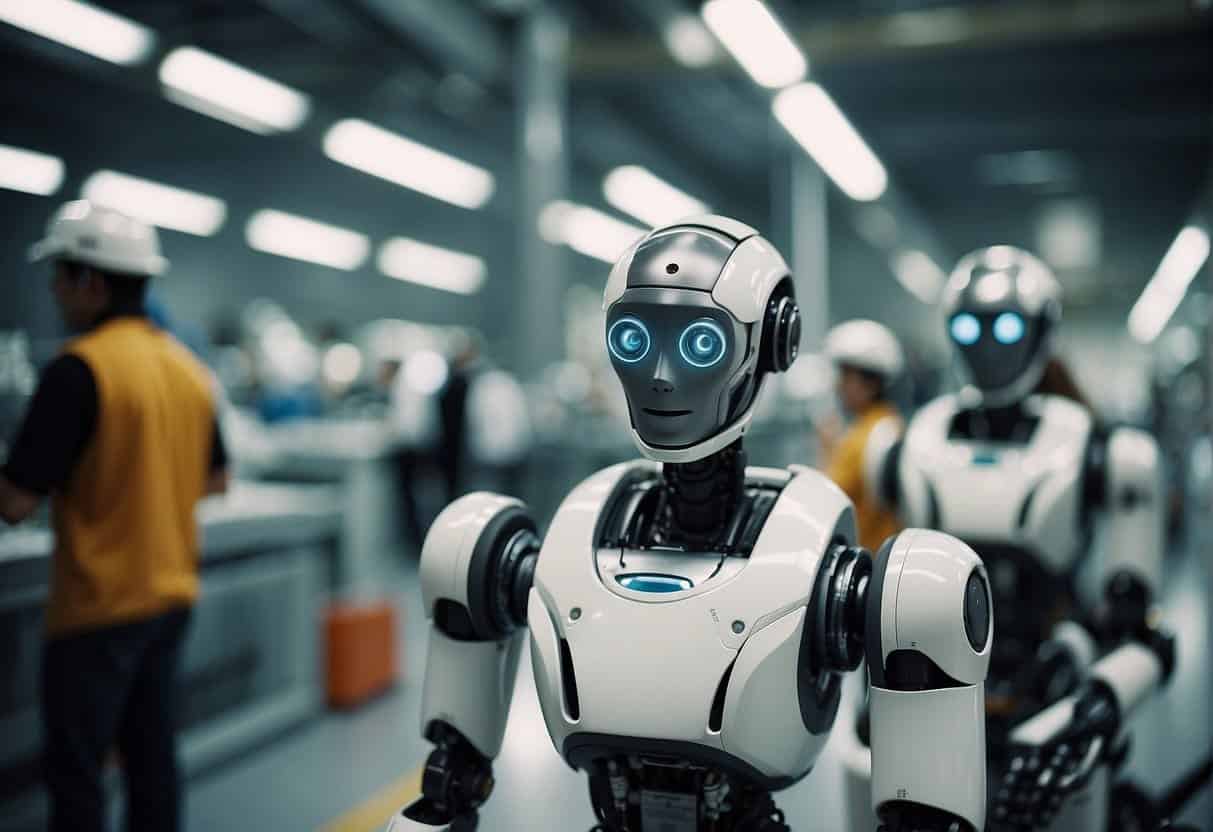 AI robots working in various industries, from manufacturing to healthcare, as people look on with curiosity and uncertainty