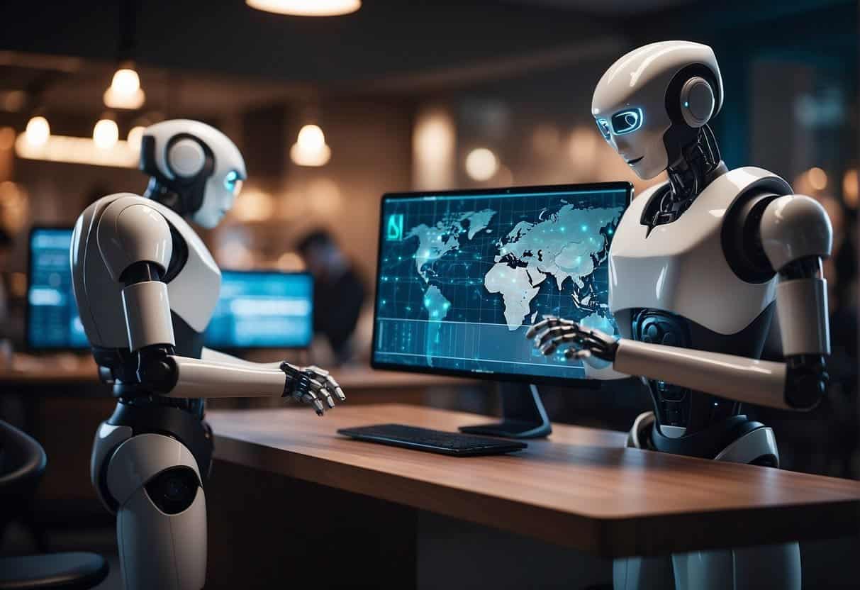 Small business operations transformed by AI: robots managing inventory, chatbots handling customer service, and automated data analysis. AI trends include predictive analytics, personalized marketing, and autonomous decision-making