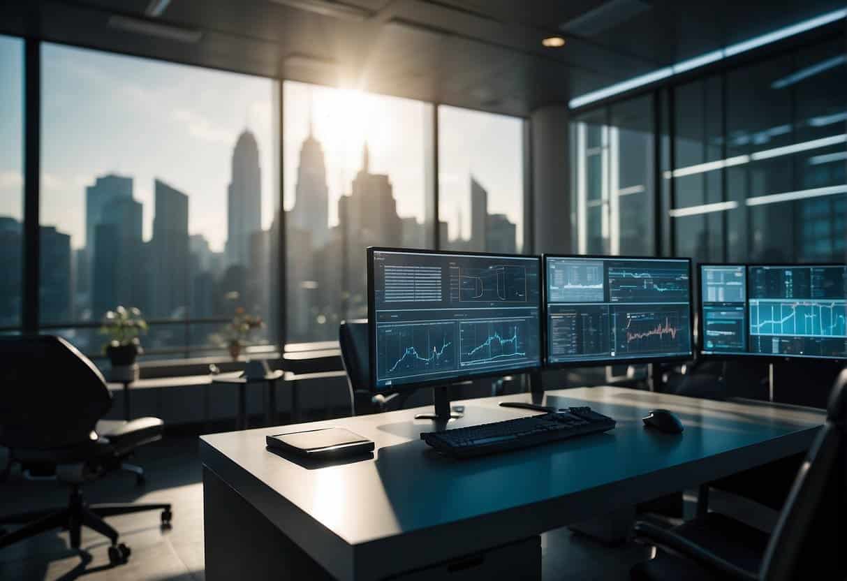 A futuristic office with AI algorithms analyzing data and generating reports. Small business owners use AI tools to make strategic decisions