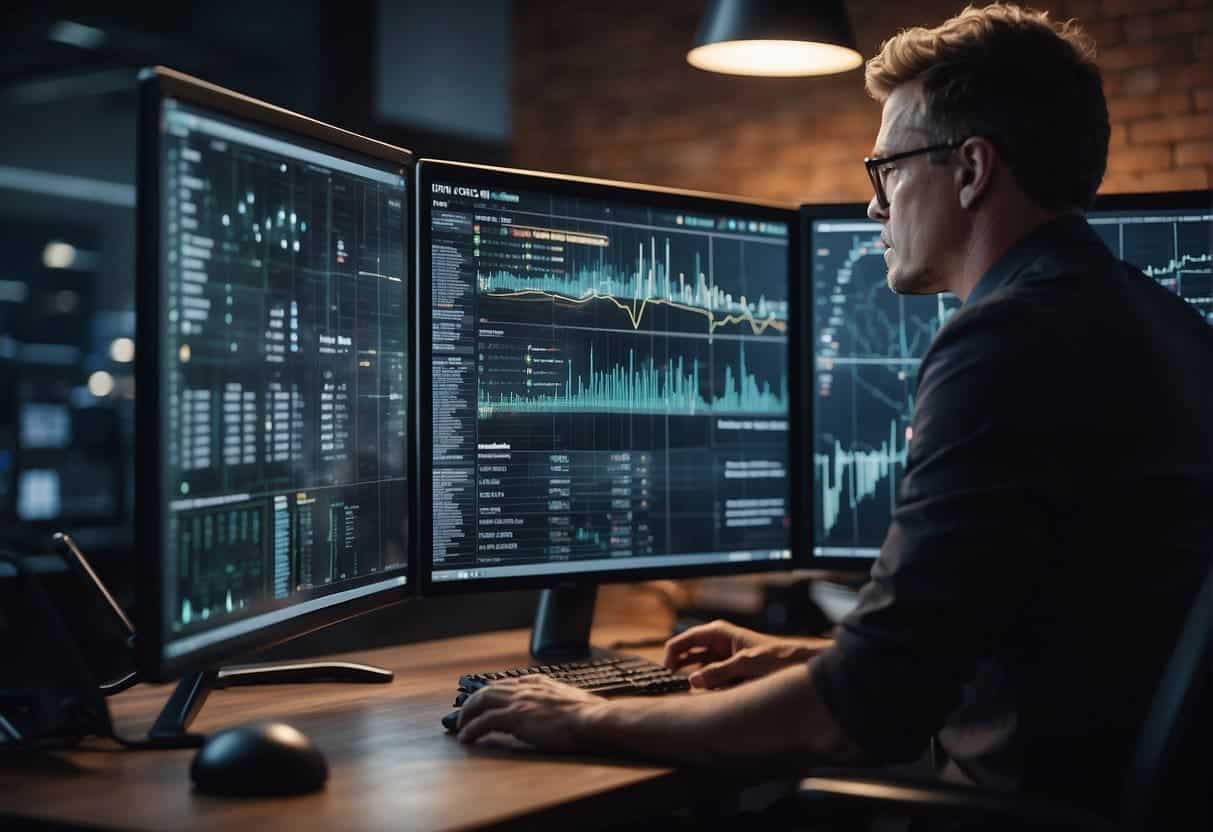 A small business owner and a cybersecurity expert discussing AI trends for 2024 and beyond. Computer screens show data and graphs