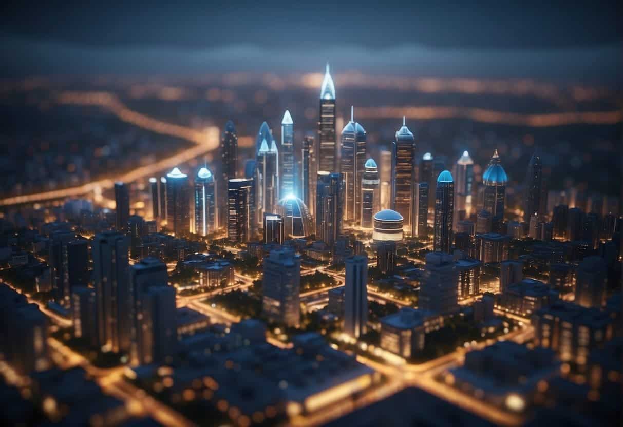 A futuristic cityscape with AI technology integrated into small businesses, showcasing innovation and intellectual property protection