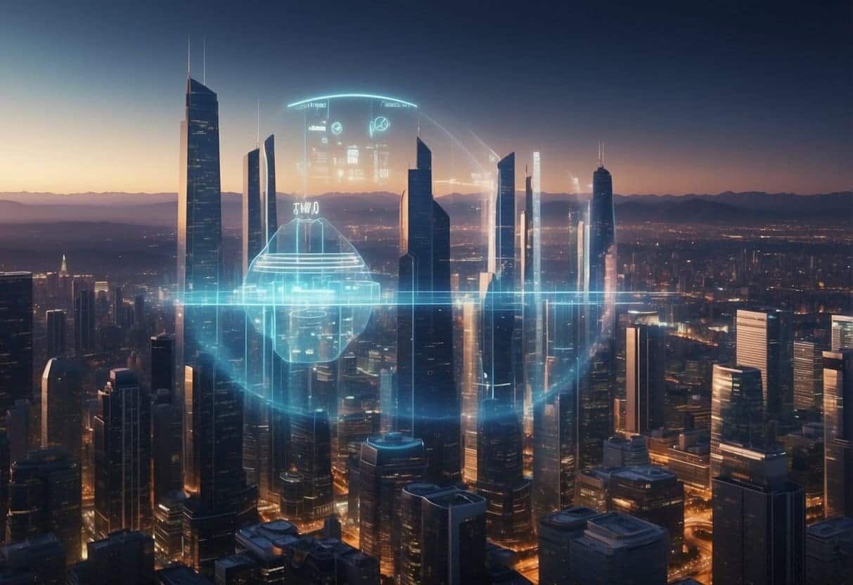 A futuristic cityscape with holographic advertisements and AI-powered small businesses. AI algorithms and data analytics are prominently displayed, showcasing the impact of AI on marketing in 2024 and beyond