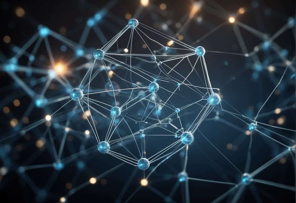 Data and metrics form a web of interconnected lines and nodes, representing growth hacking in action