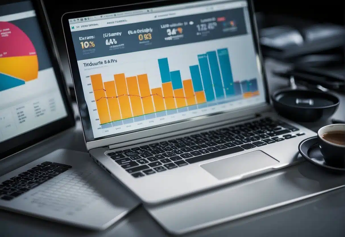Keywords and data charts fill the screen, showing SEO performance and analytics tasks. Graphs trend upwards, indicating successful optimization efforts