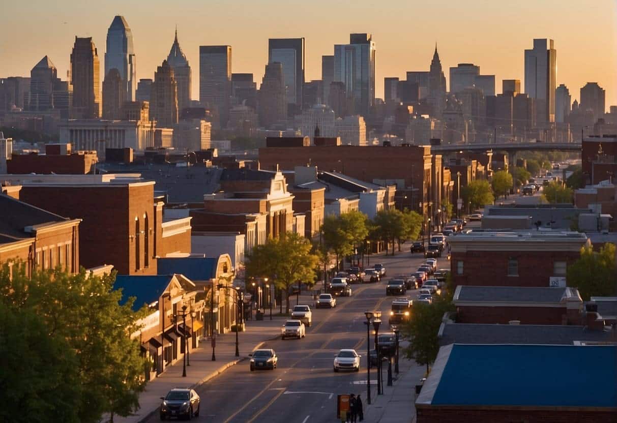 A city skyline with a prominent local business at the forefront, surrounded by smaller local businesses and landmarks. The scene is vibrant and bustling, with a focus on community impact and growth