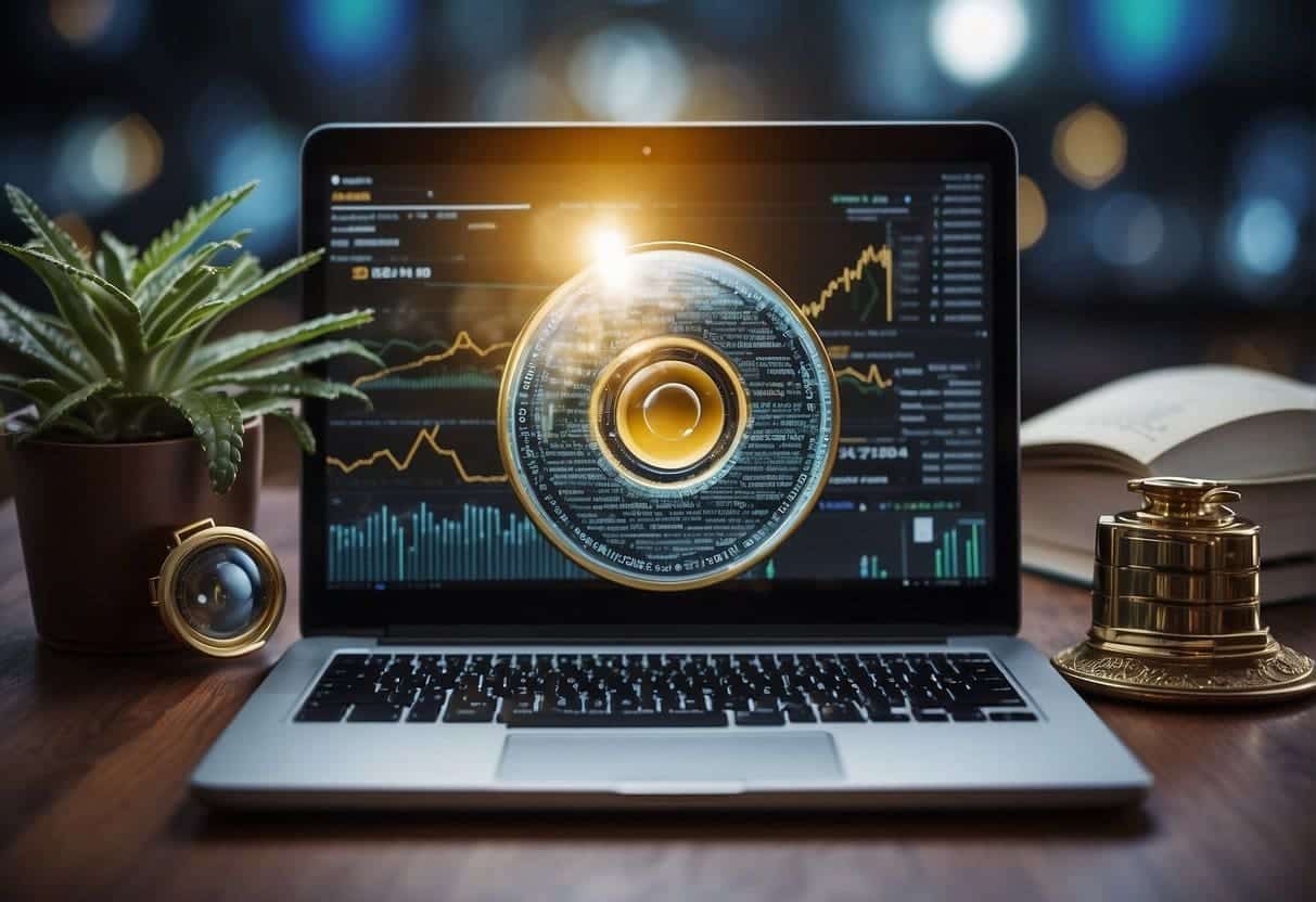 An open laptop surrounded by SEO-related items: keywords, graphs, and a magnifying glass