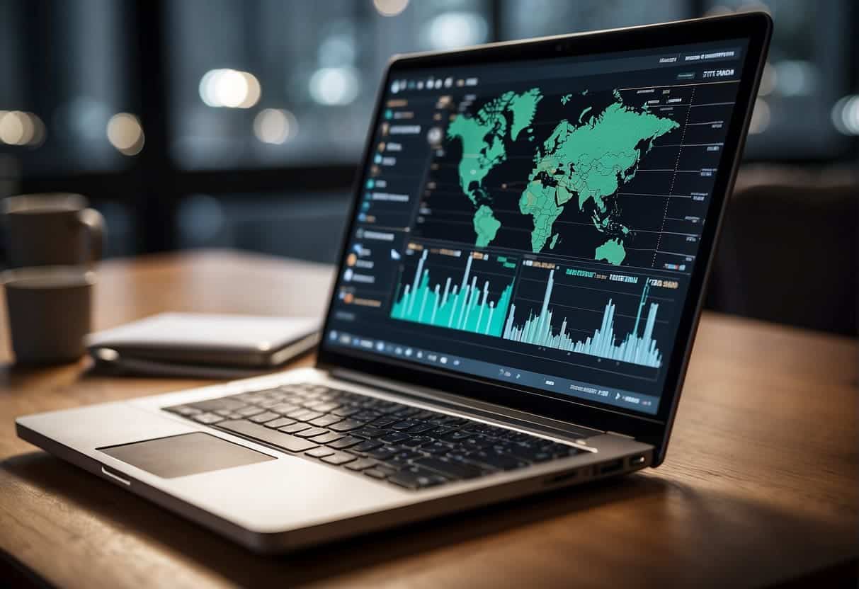 A laptop displaying a website with conversion tools and analytics. Charts and graphs show data analysis. Development icons surround the screen