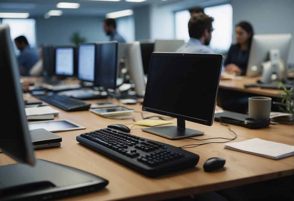 A busy office with computer screens, books, and marketing materials scattered on desks. A person typing on a keyboard while others collaborate on content development