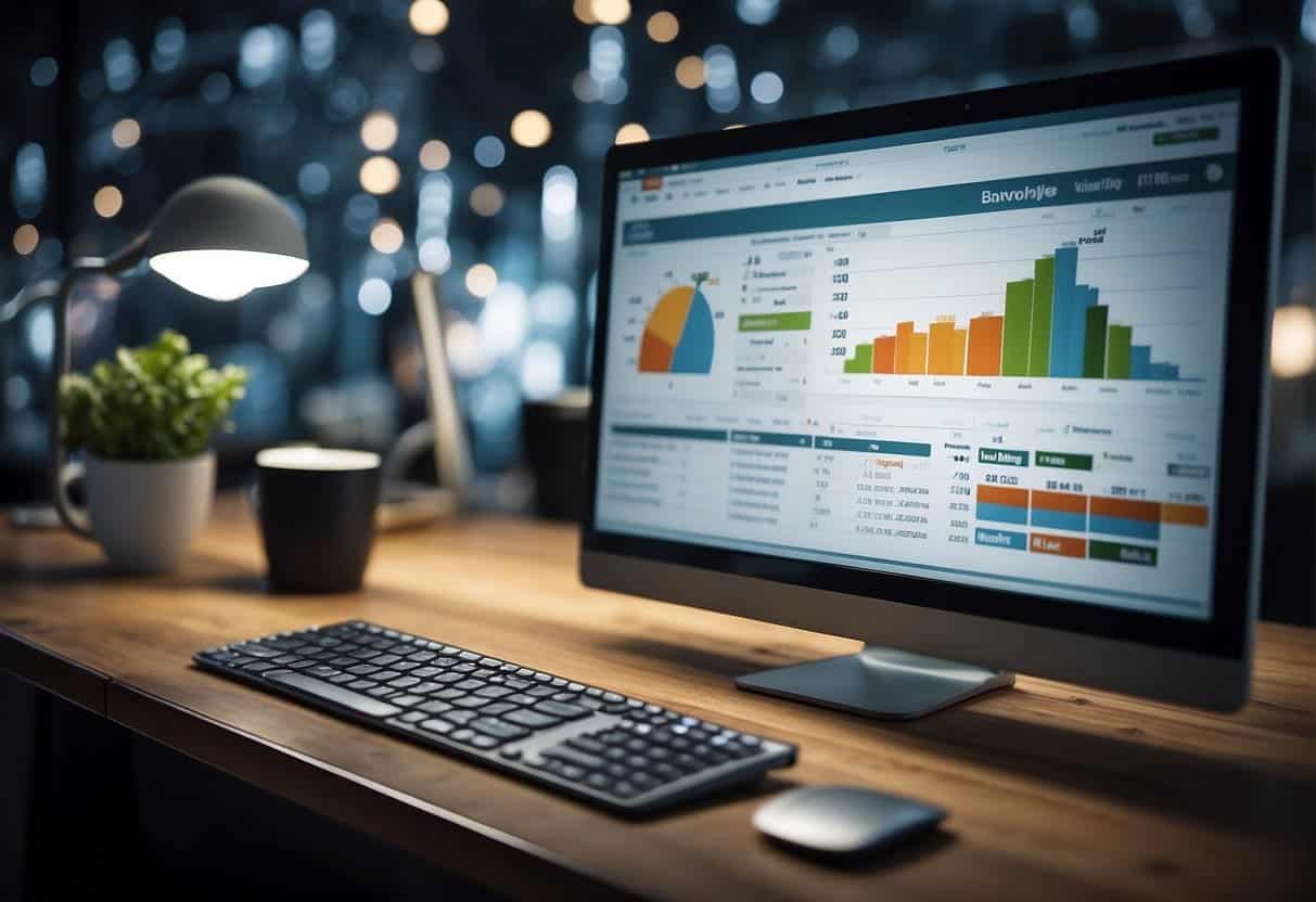 A computer screen showing a social media analytics dashboard with a graph trending upwards, a calendar with scheduled posts, and a checklist of achievable goals for increasing social traffic