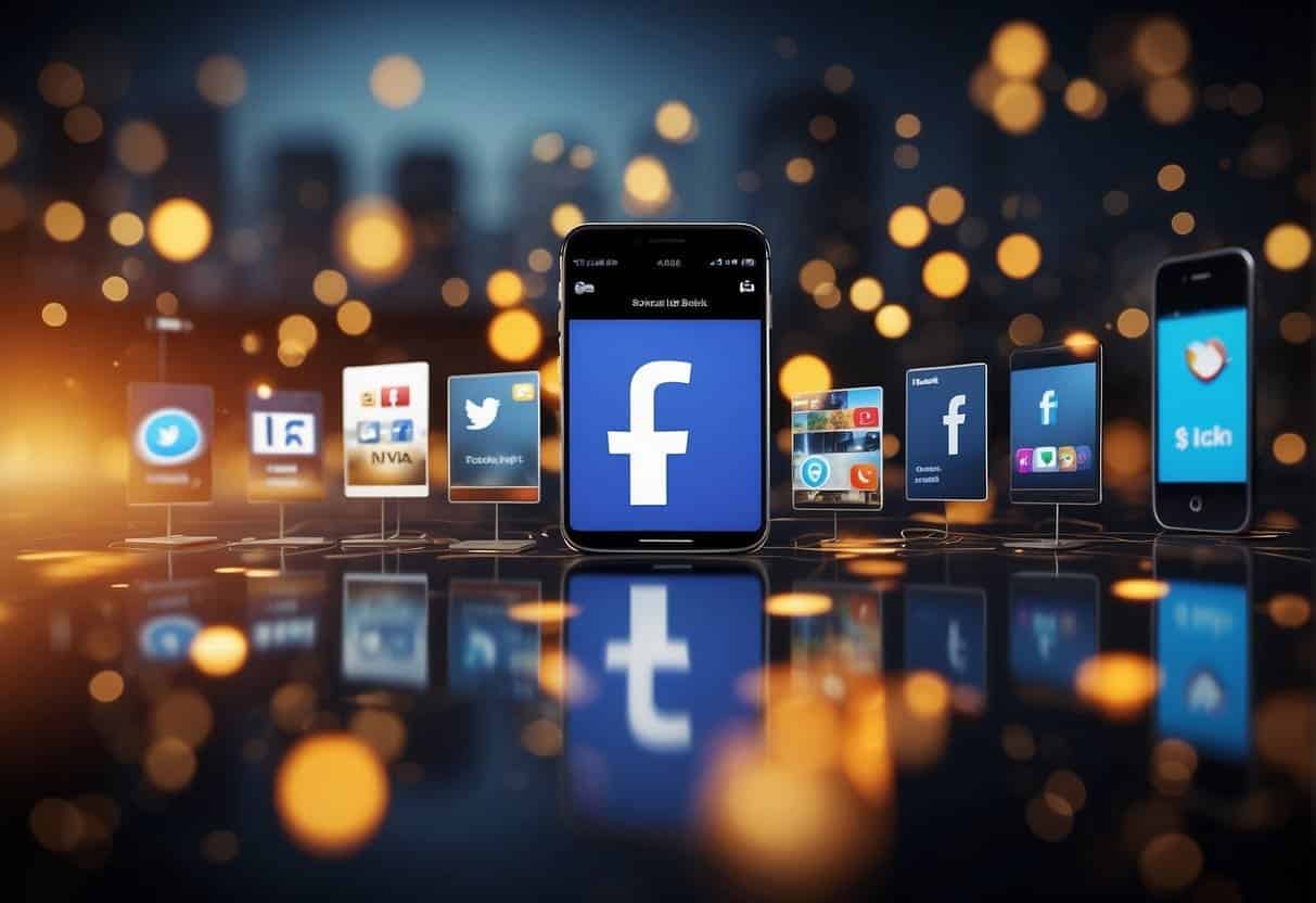 Various social media icons (Facebook, Twitter, Instagram) are connected by arrows, representing the flow of traffic. Graphs and charts show data analysis