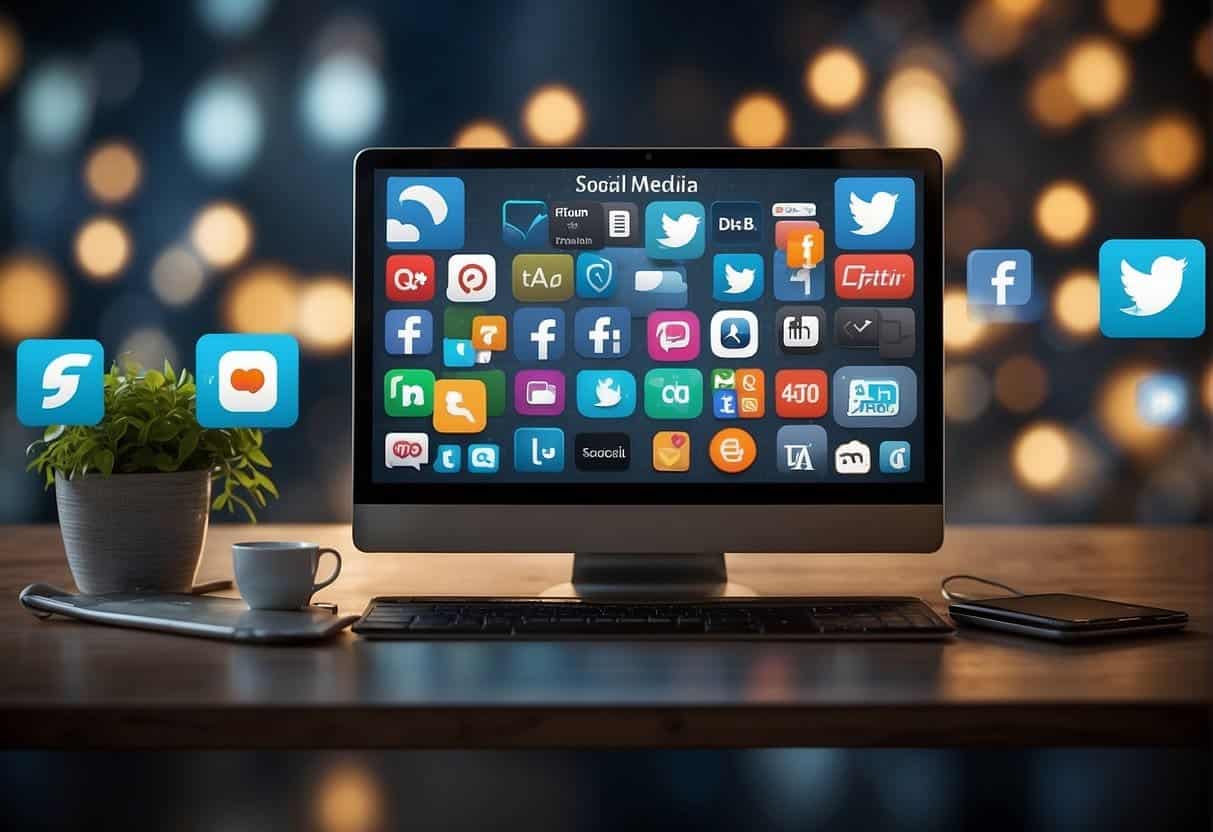 A computer screen displaying a social media page with a "Frequently Asked Questions" section, surrounded by various icons and symbols representing online traffic