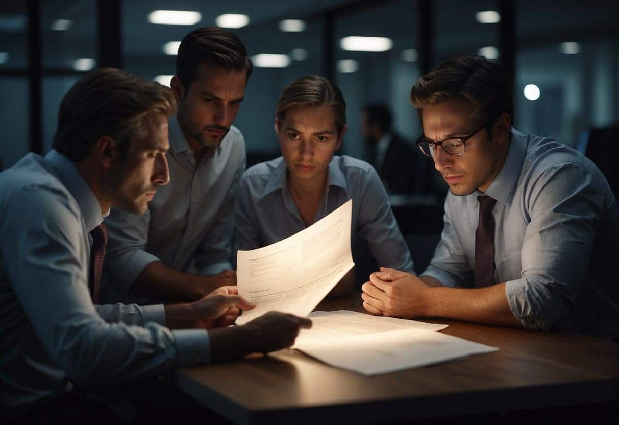 A group of people looking frustrated while reading a list of "disadvantages of outsourcing" in a dimly lit office setting
