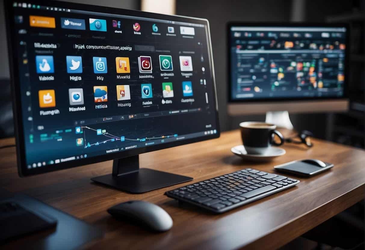 A computer with a digital marketing and advertising website displayed on the screen, surrounded by icons of social media platforms and analytics tools