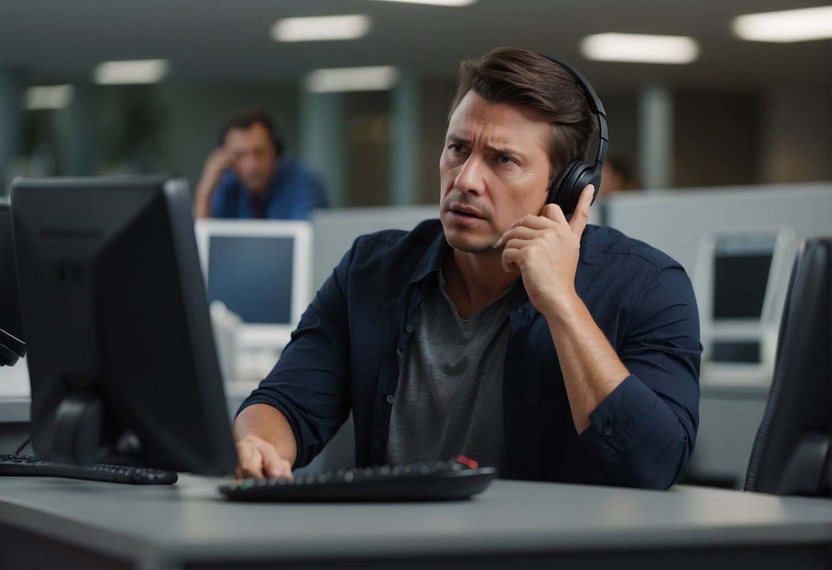 A frustrated customer waits on hold while a call center employee struggles to understand their issue due to language barriers and lack of product knowledge