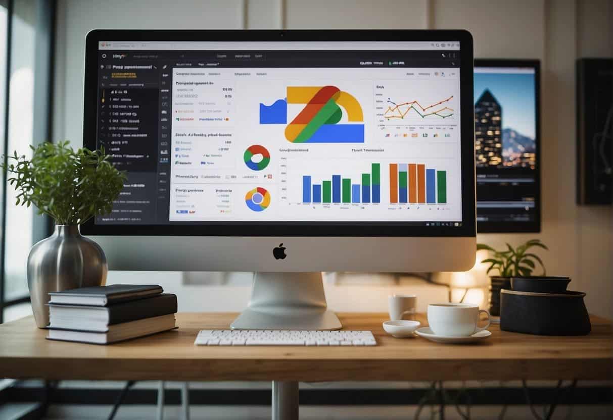 A computer screen displaying various Google ad types and formats with sales data and analytics charts in the background