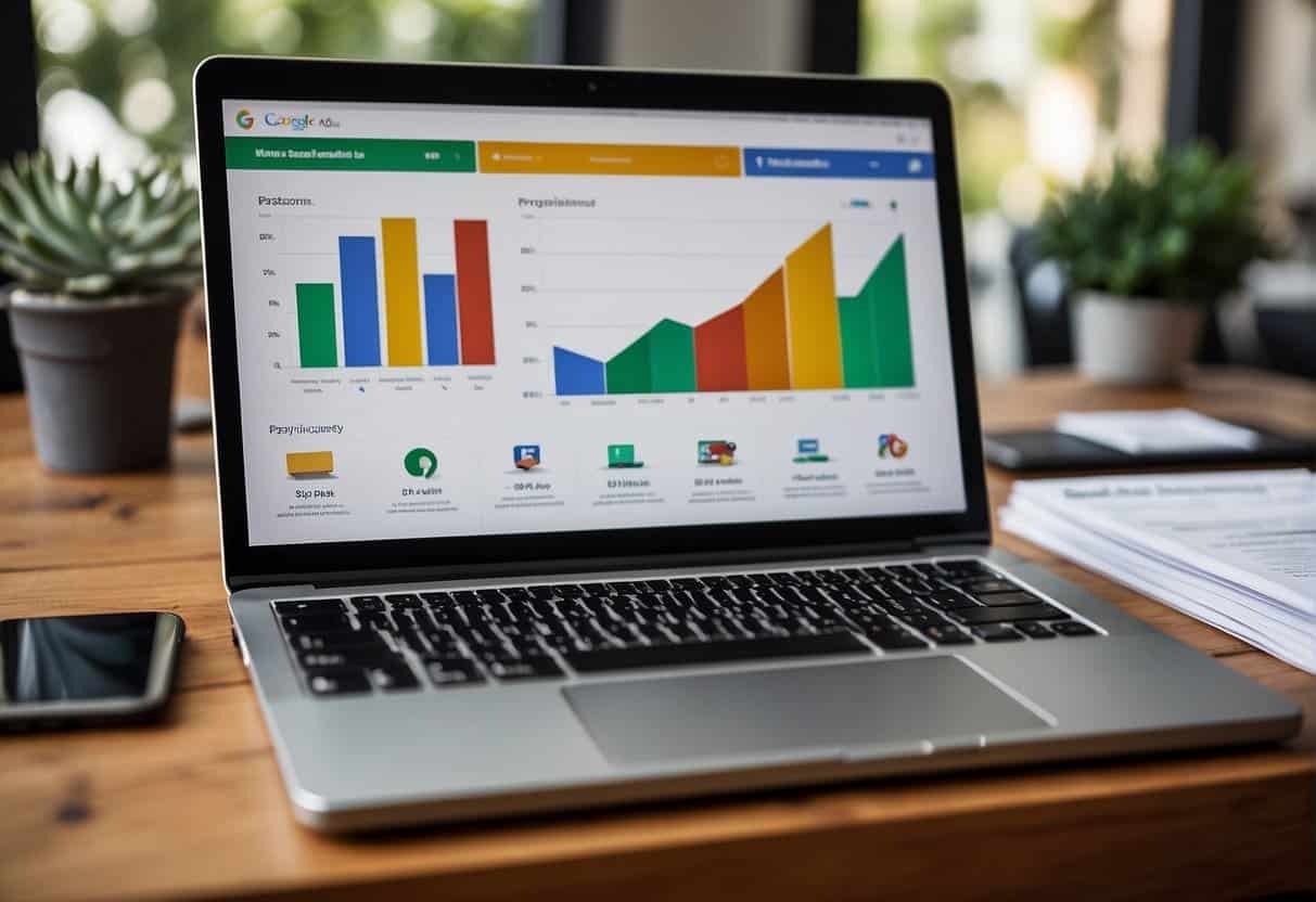 A laptop displaying Google Ads dashboard with sales data, surrounded by FAQ documents and marketing materials