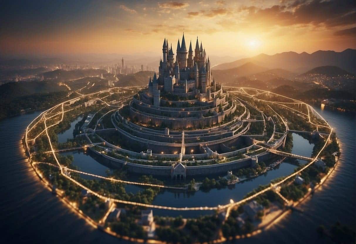 A fortress made of interconnected links and resources, surrounded by a moat of data, with a towering structure representing BuzzSumo at the center