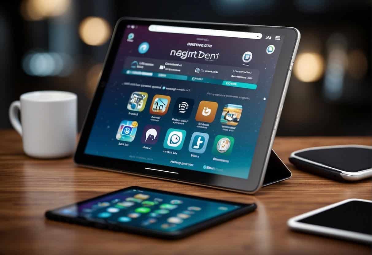 A smartphone displaying a website with easy navigation and clear text, alongside a tablet with a screen reader enabled, both surrounded by various digital marketing icons and symbols