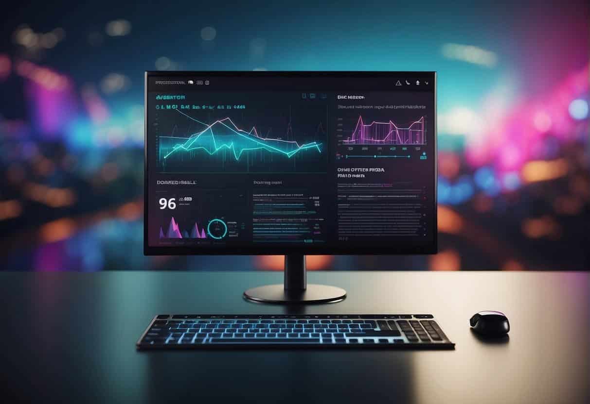 the Future of Web Design - A computer screen displaying a modern website design with sleek graphics and vibrant colors. A digital marketing strategy flowchart and analytics data are visible in the background