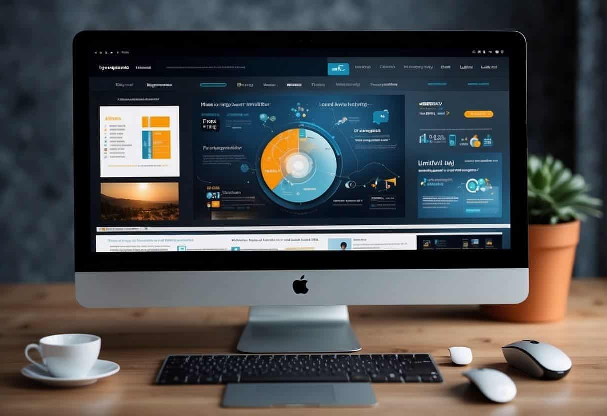 A computer screen showing a website being redesigned with innovative graphics and modern marketing strategies. Multiple tabs open with research on future web design trends