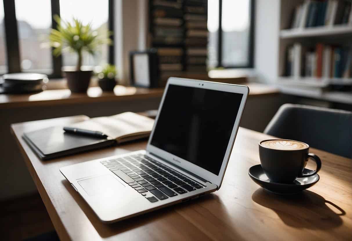 A laptop and a tablet sit side by side on a sleek desk, surrounded by design books and marketing research materials. The room is filled with natural light, creating a bright and inspiring atmosphere